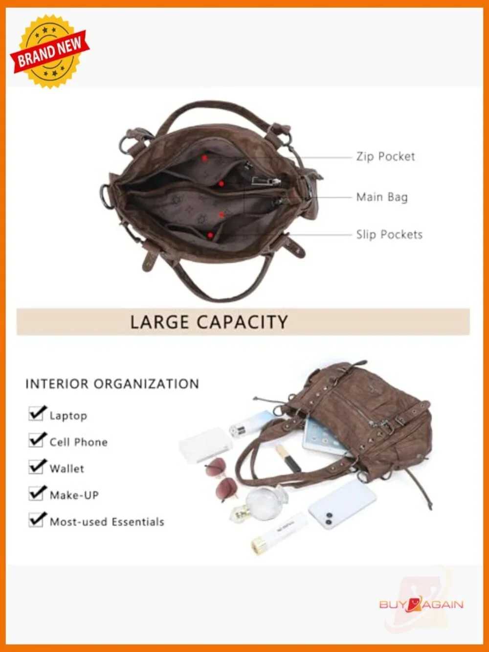 Retro Vegan Leather Hobo Bag Multi-Pocket Satchel Tote with Detachable Strap